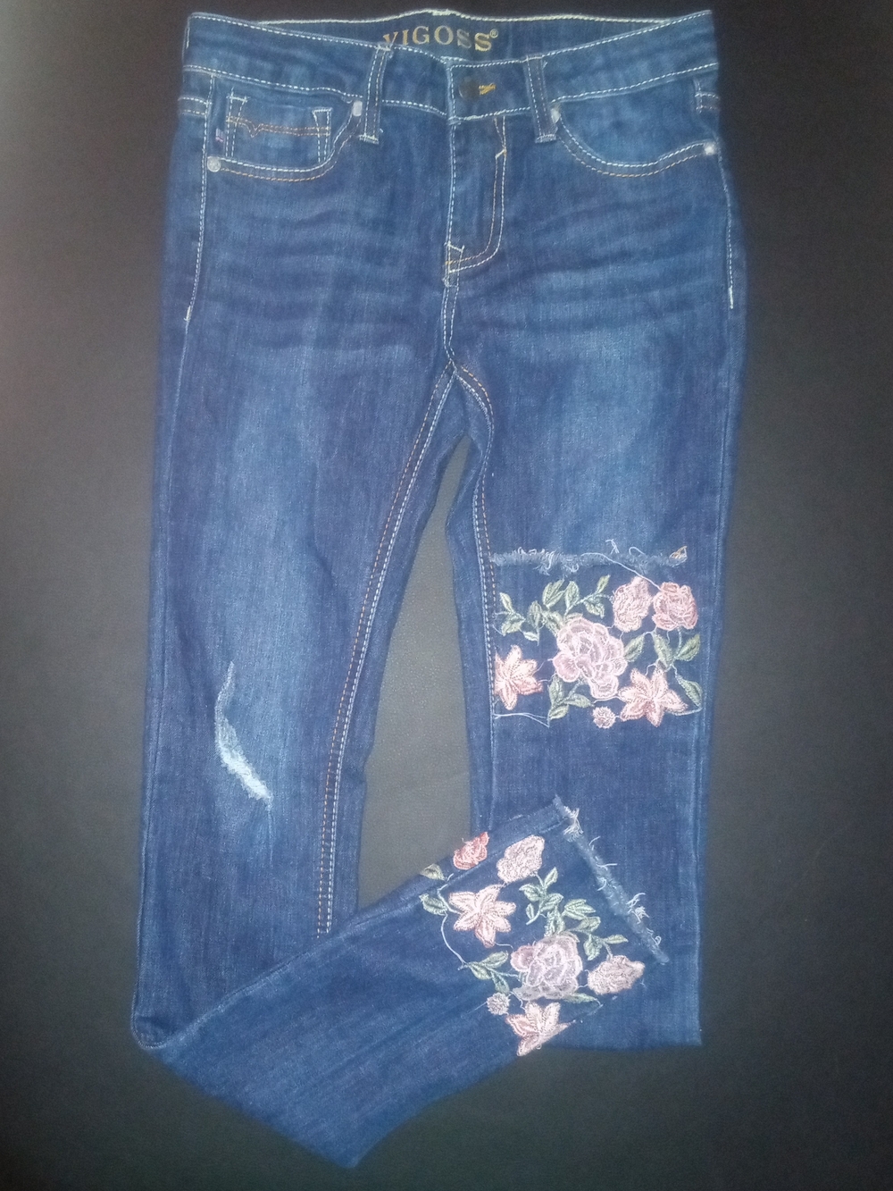 Vigoss Women's Dark Blue Floral Embroidered Stretch Jeans